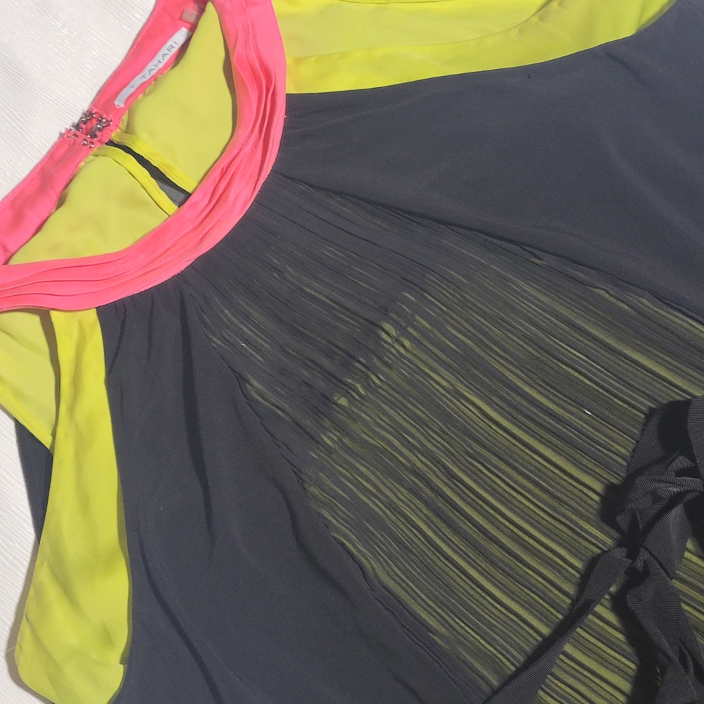 T Tahari Sz 8 Black Neon with Black Sheer overlay Sleeveless Dress tie waist